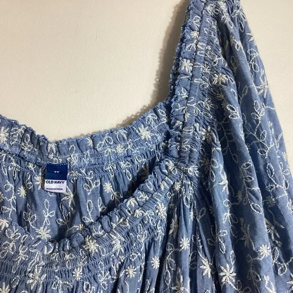 Old Navy Puff-Sleeve Tiered Mini Swing Dress Size 3X Milkmaid Peasant Boho Blue - Picture 5 of 10